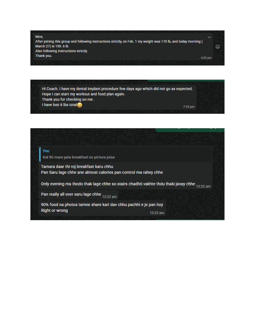 WhatsApp coaching chat — weight update from 170 lb to 159.6 lb and breakfast habit check-ins