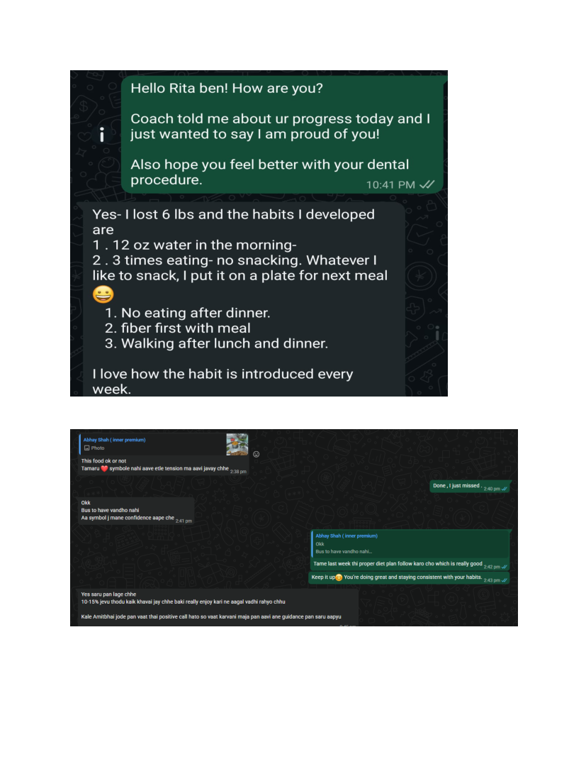 WhatsApp coaching chat — Rita ben habit list and Inner Circle food photo check-in
