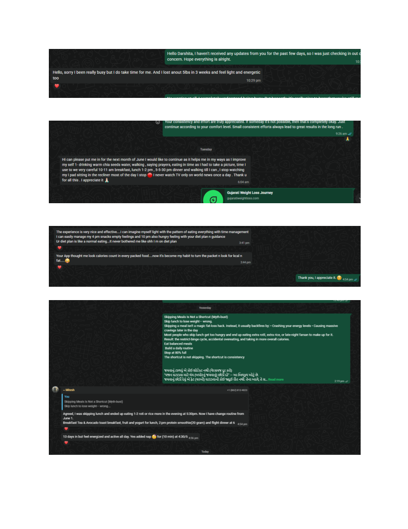 WhatsApp coaching chat — 5 lb loss in 3 weeks, meal timing habits, and app calorie learning